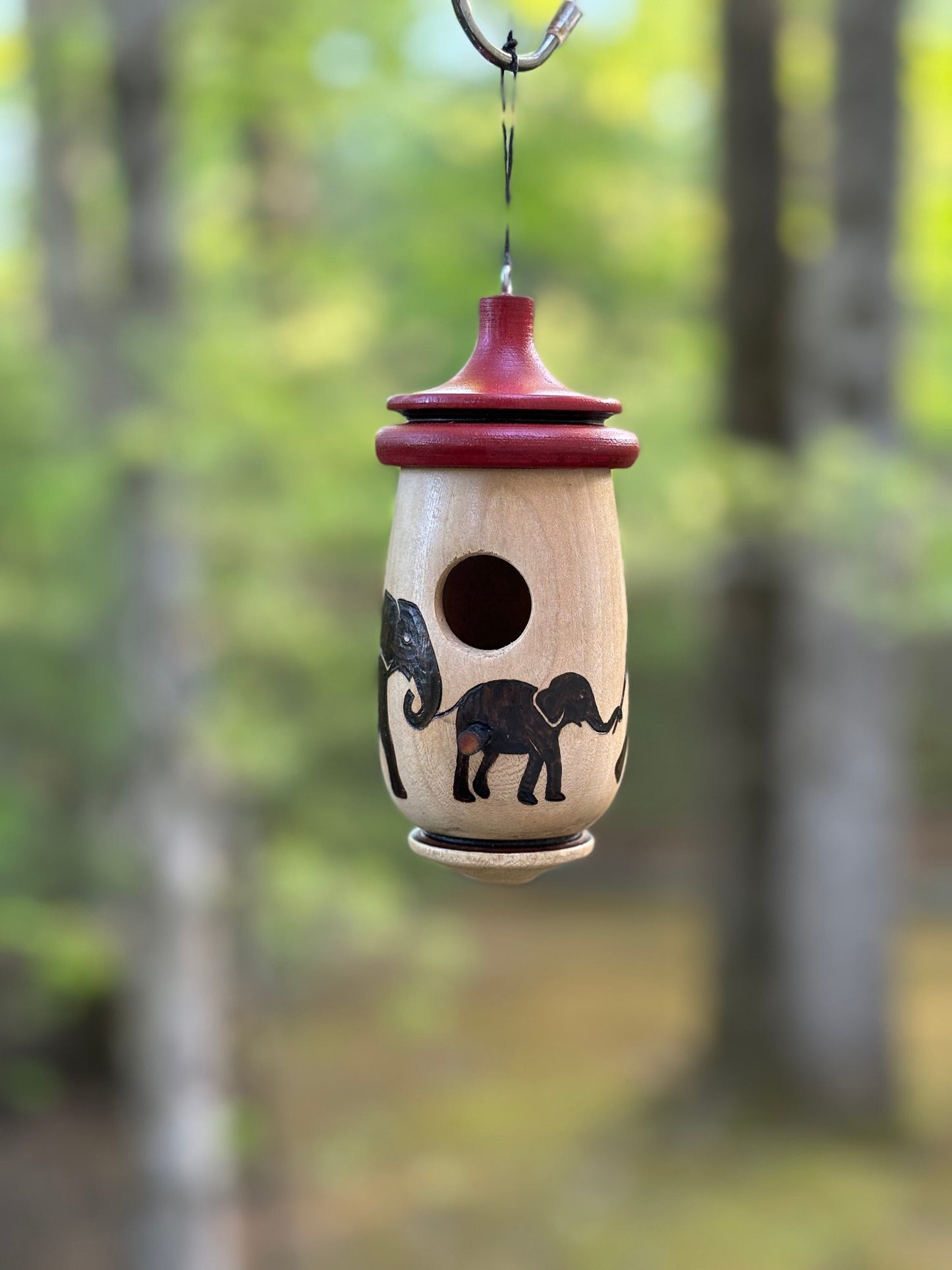 Handmade Cherry Wood Hummingbird House, Elephant Design