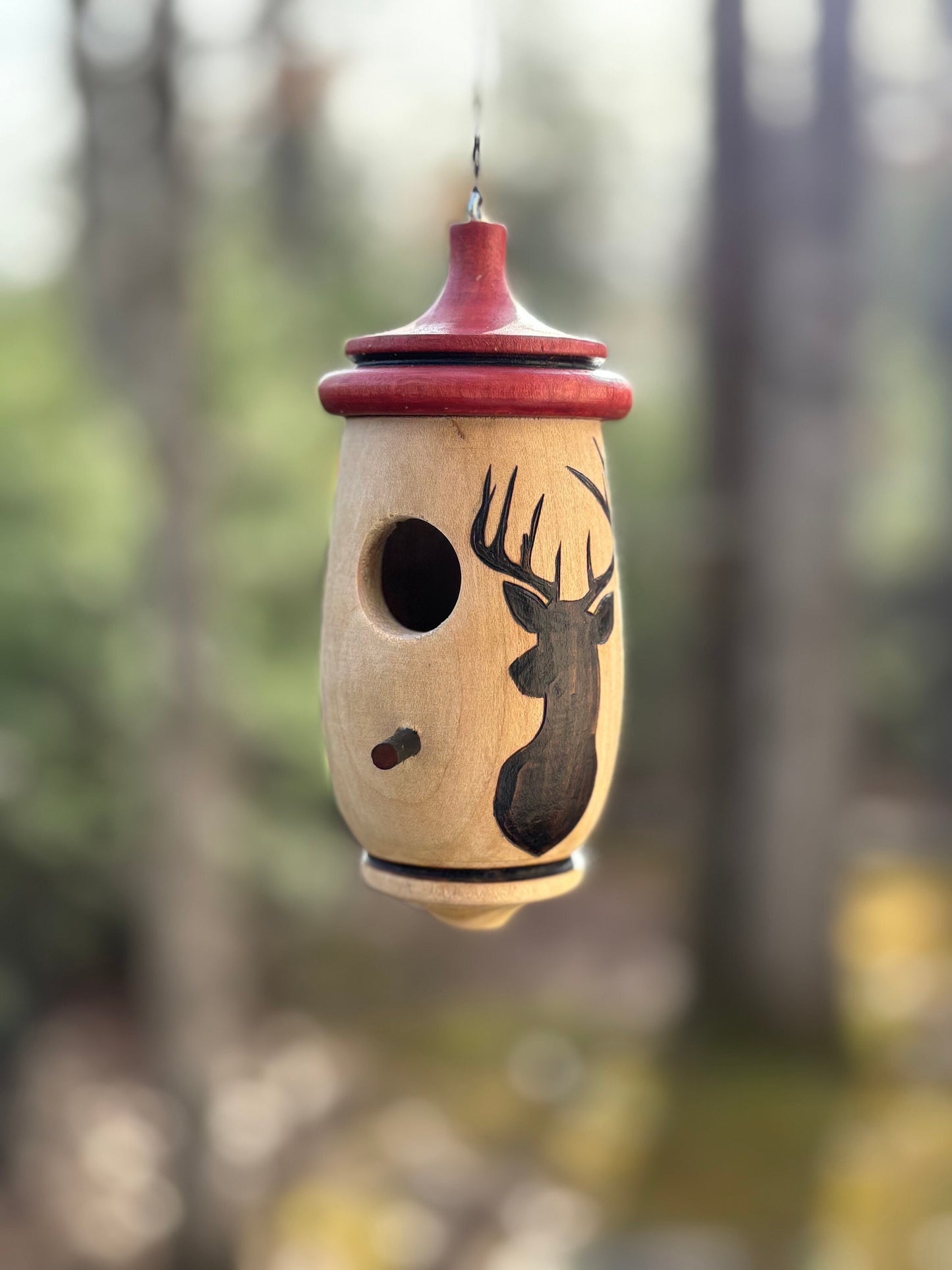 Handmade Cherry Wood Hummingbird House, Deer Silhouette Art
