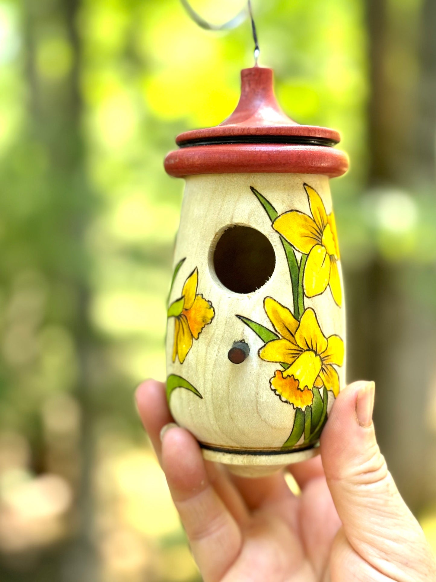Handmade Hummingbird House, Daffodil, Narcissus, Jonquil Flower, Personalizable Custom Artisan Gift for Bird Lovers. New Beginnings, ReBirth