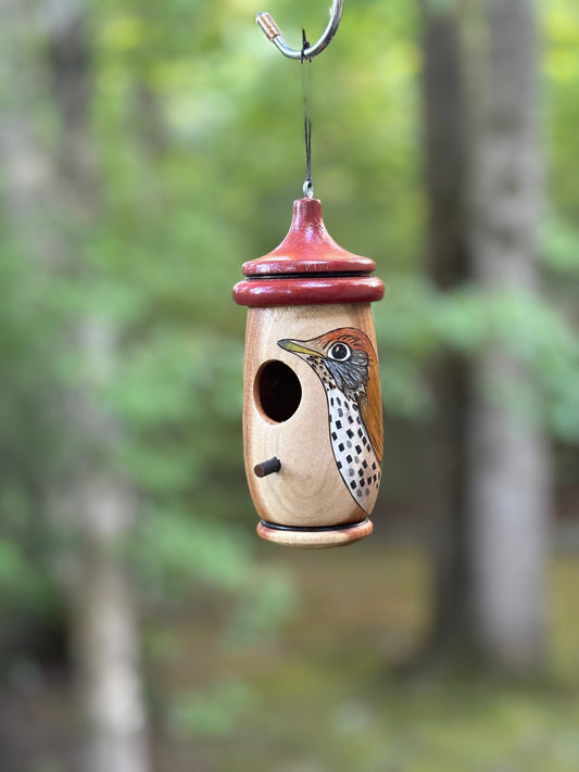 Handmade Wood Thrush Hummingbird Birdhouse: Wood-Burned Cherry Wood Nester