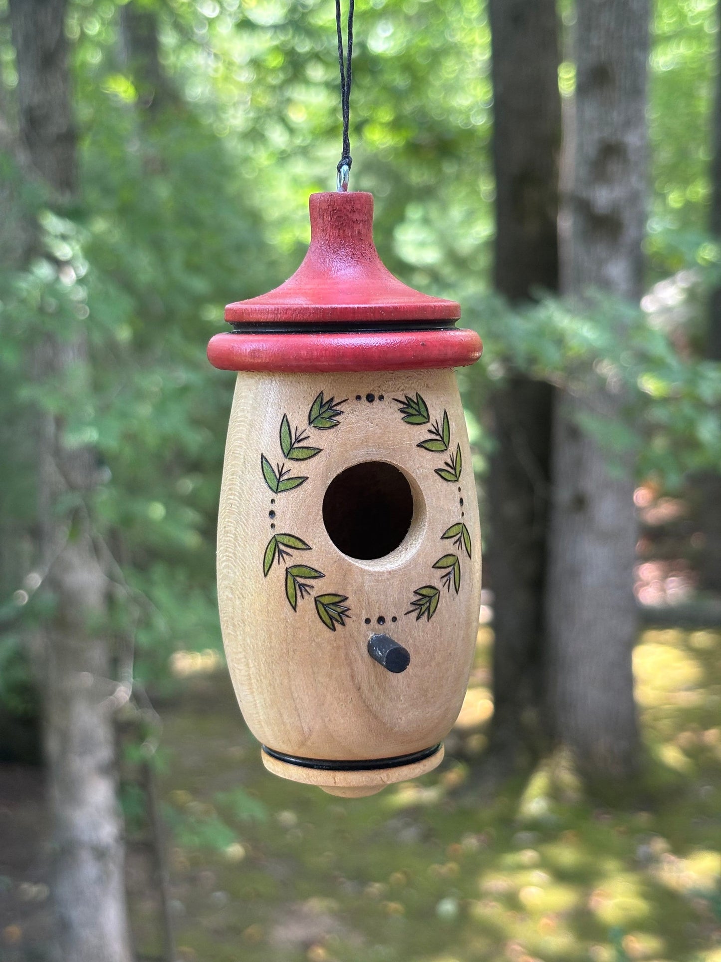Handmade Wooden Hummingbird House with Laurel Wreath Art