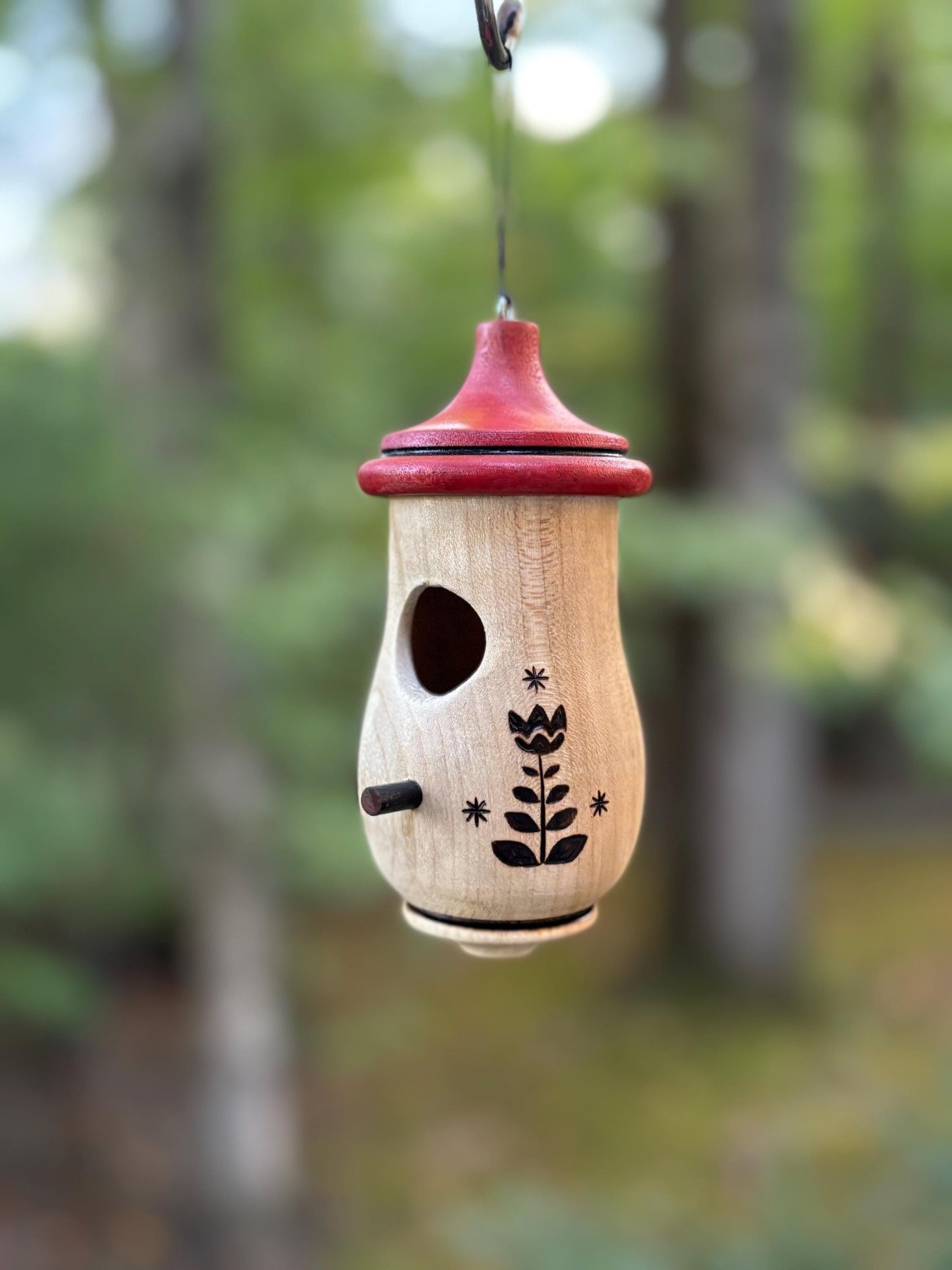 Handmade Wooden Hummingbird House, Tulip Art, Indoor/Outdoor Use