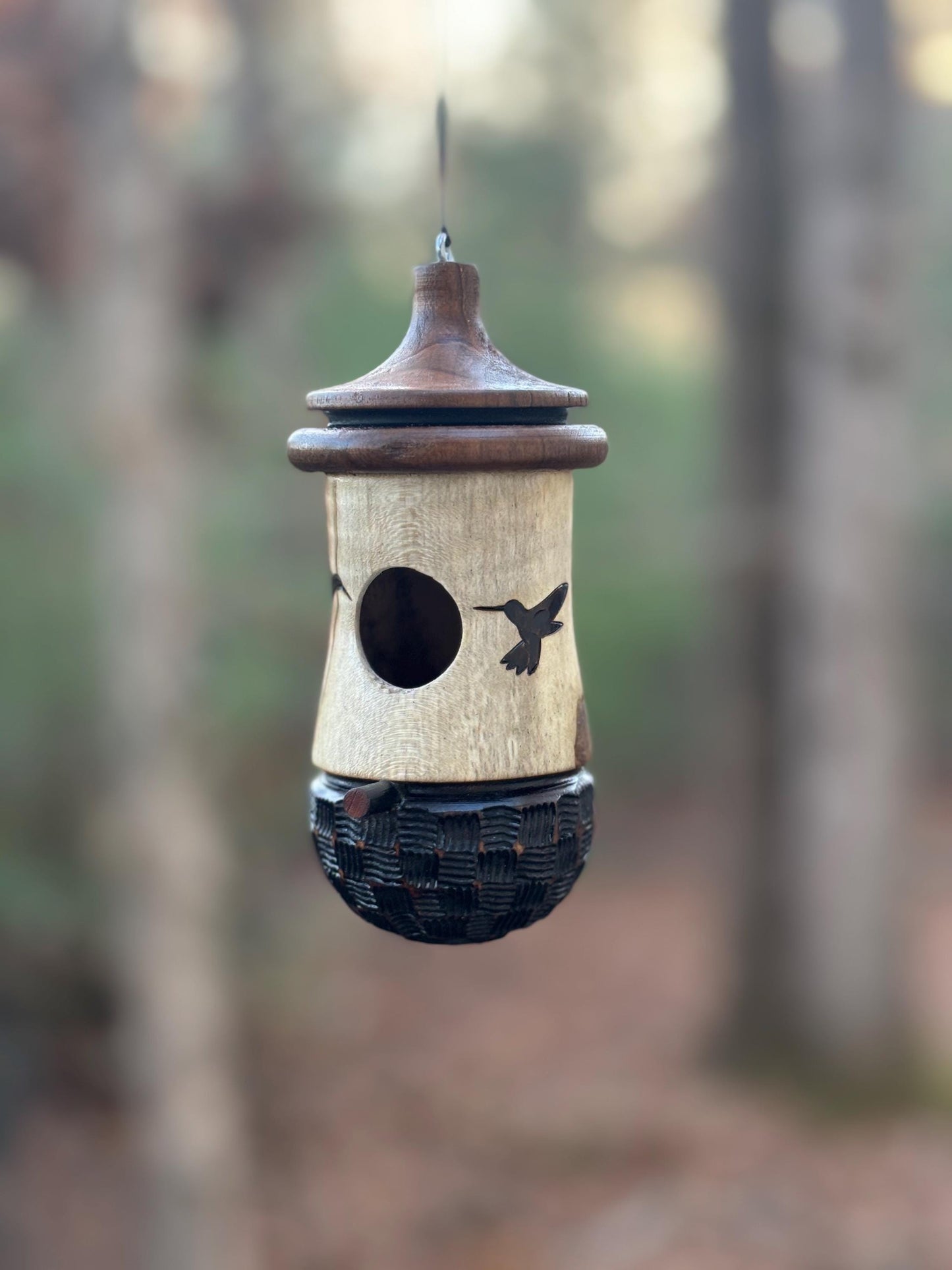 Handmade Wooden Hummingbird House: Wood-Burned Nester