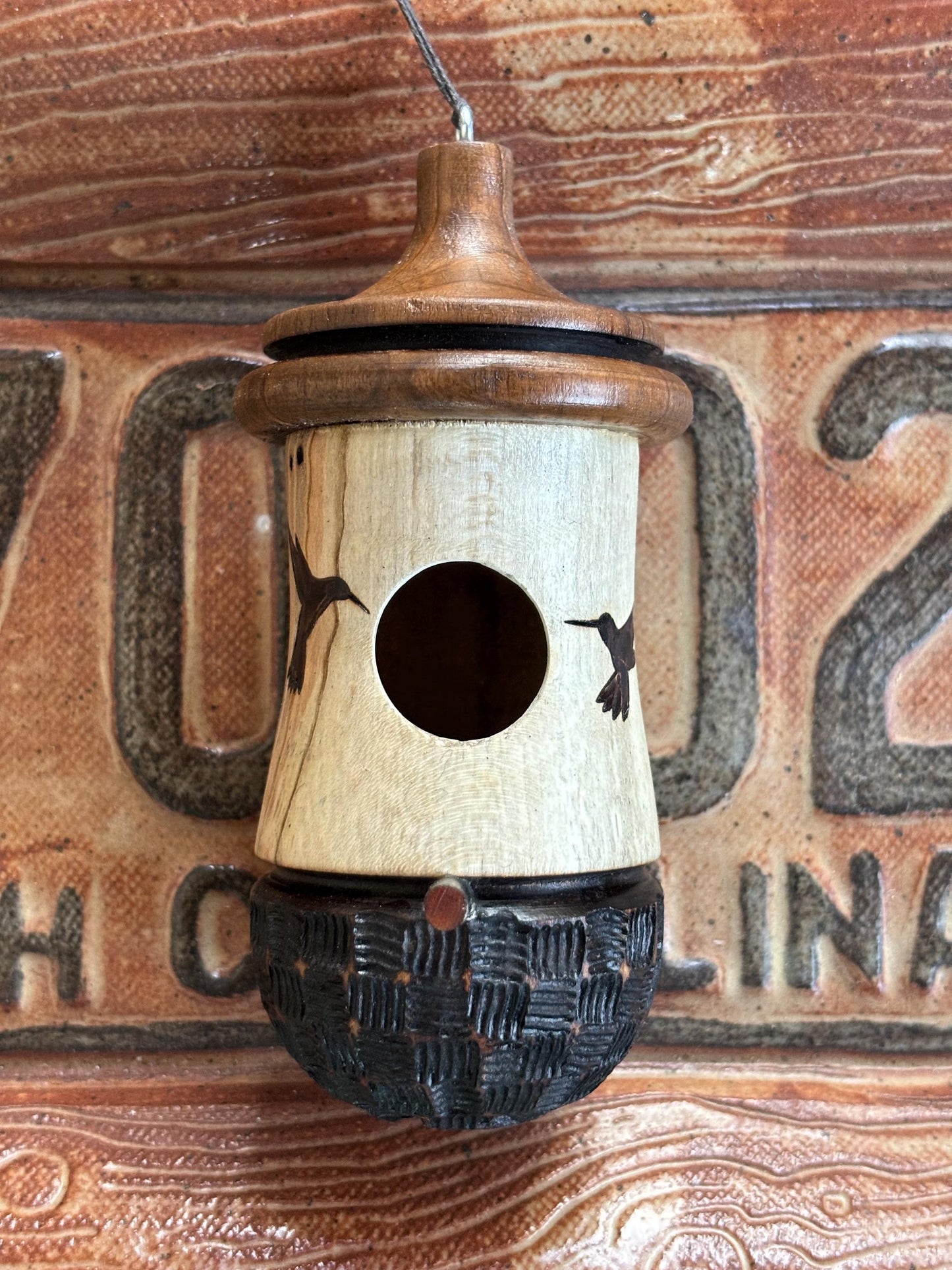 Handmade Wooden Hummingbird House: Wood-Burned Nester