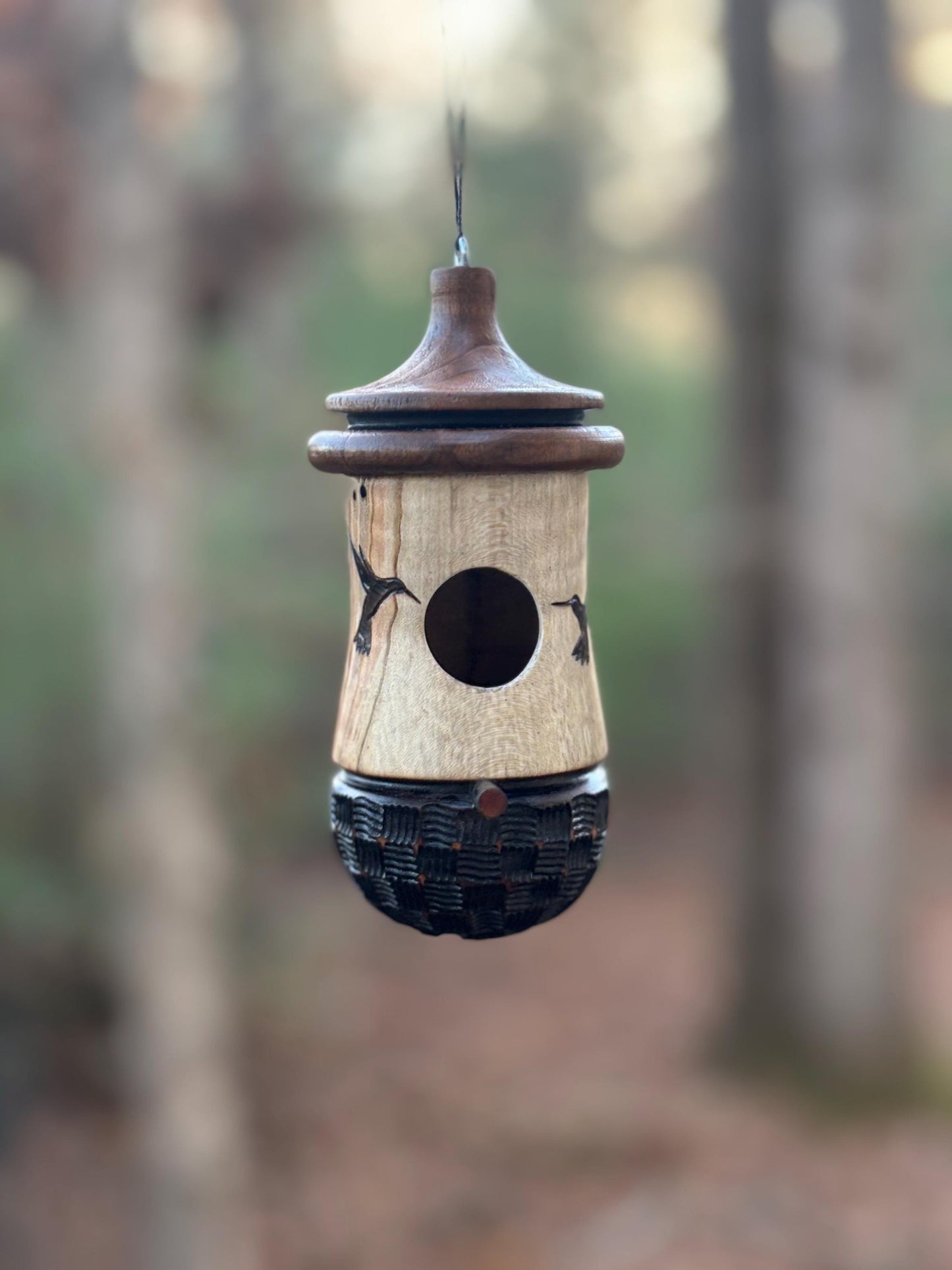Handmade Wooden Hummingbird House: Wood-Burned Nester