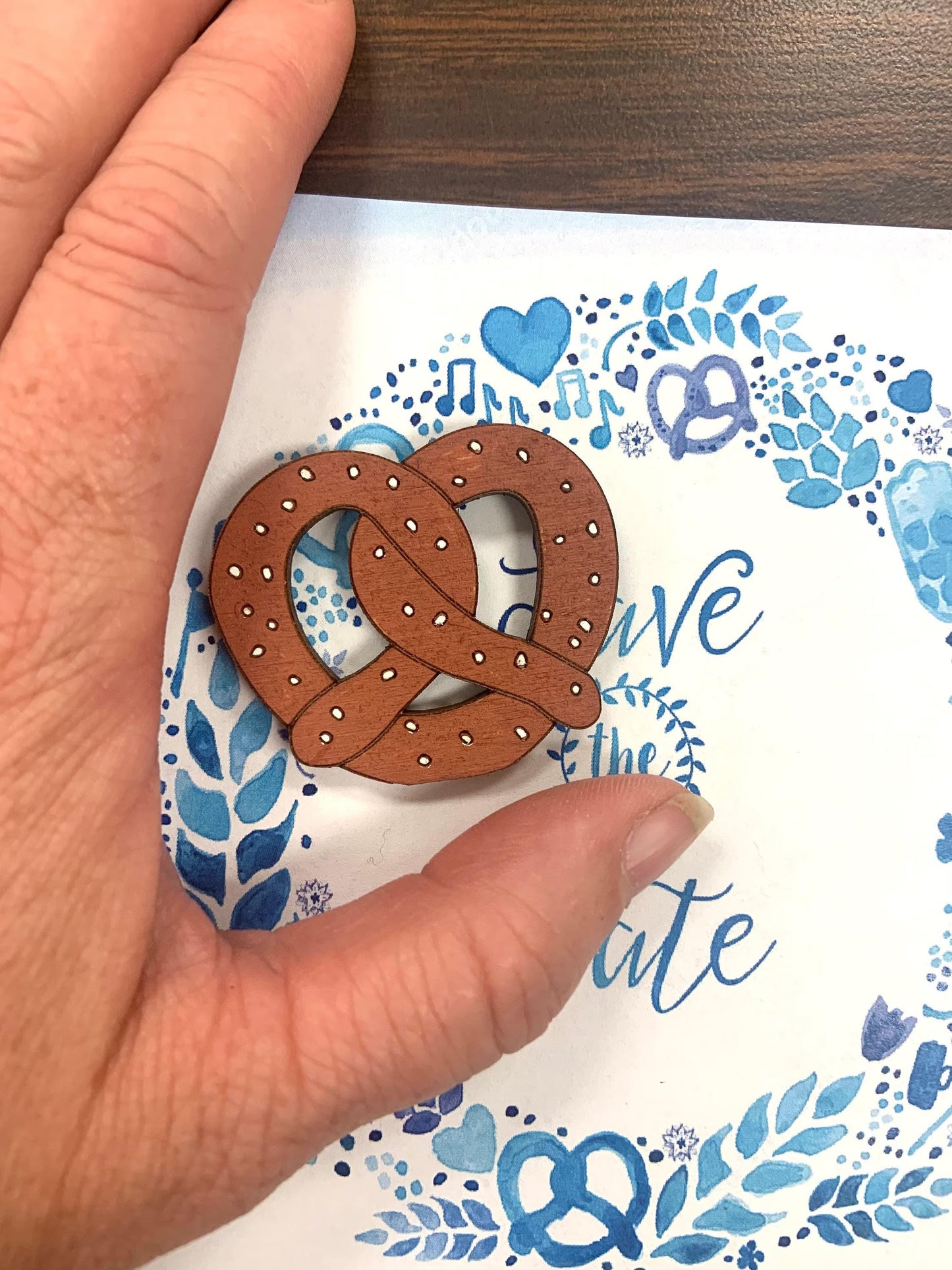 Wooden Pretzel Magnet, Hand Painted Oktoberfest Party Favor