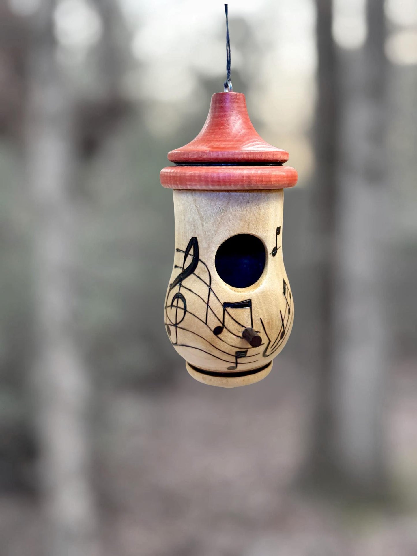 Handmade Cherry Wood Hummingbird House, Music Notes, Garden Decor