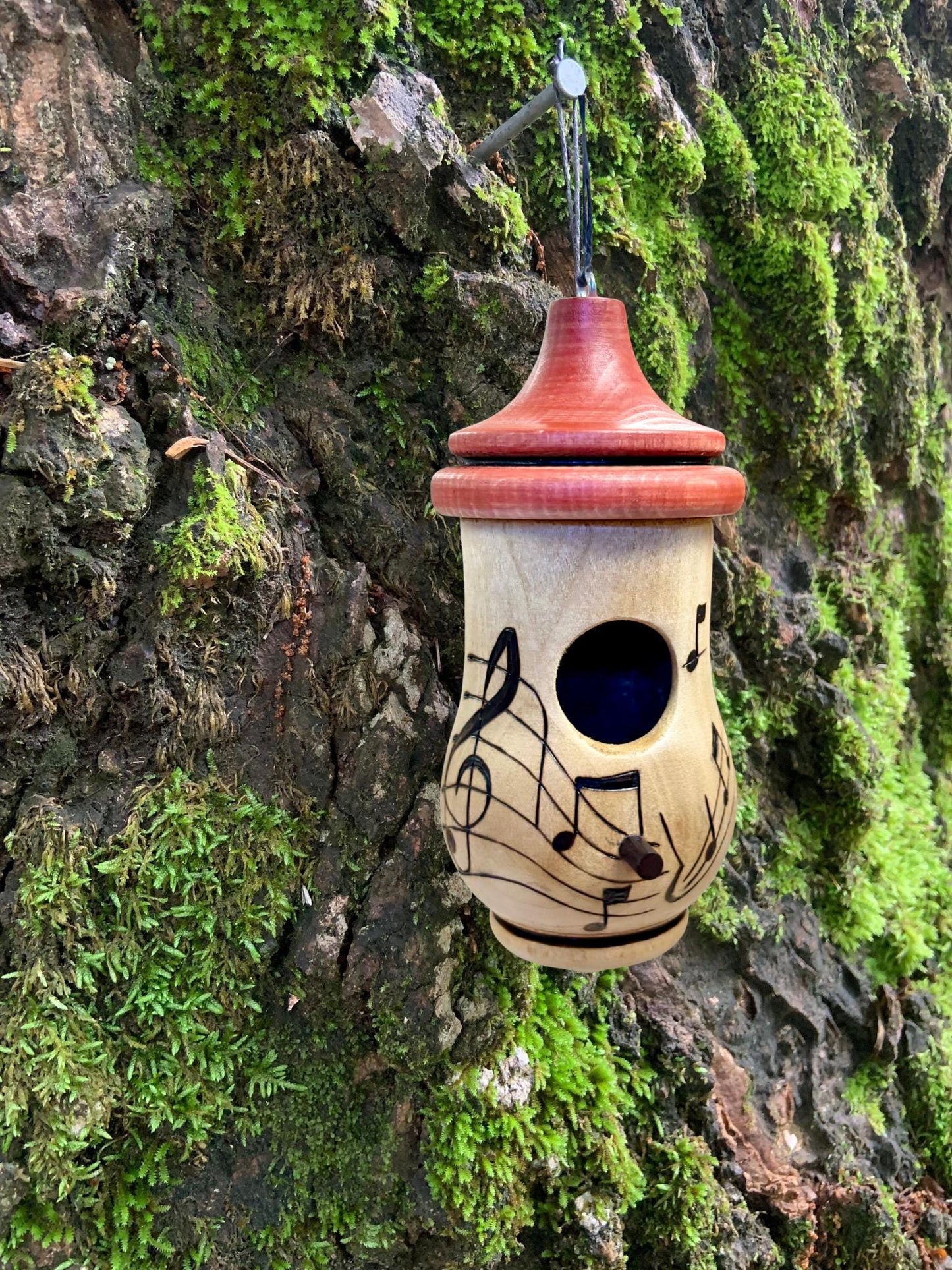 Handmade Cherry Wood Hummingbird House, Music Notes, Garden Decor
