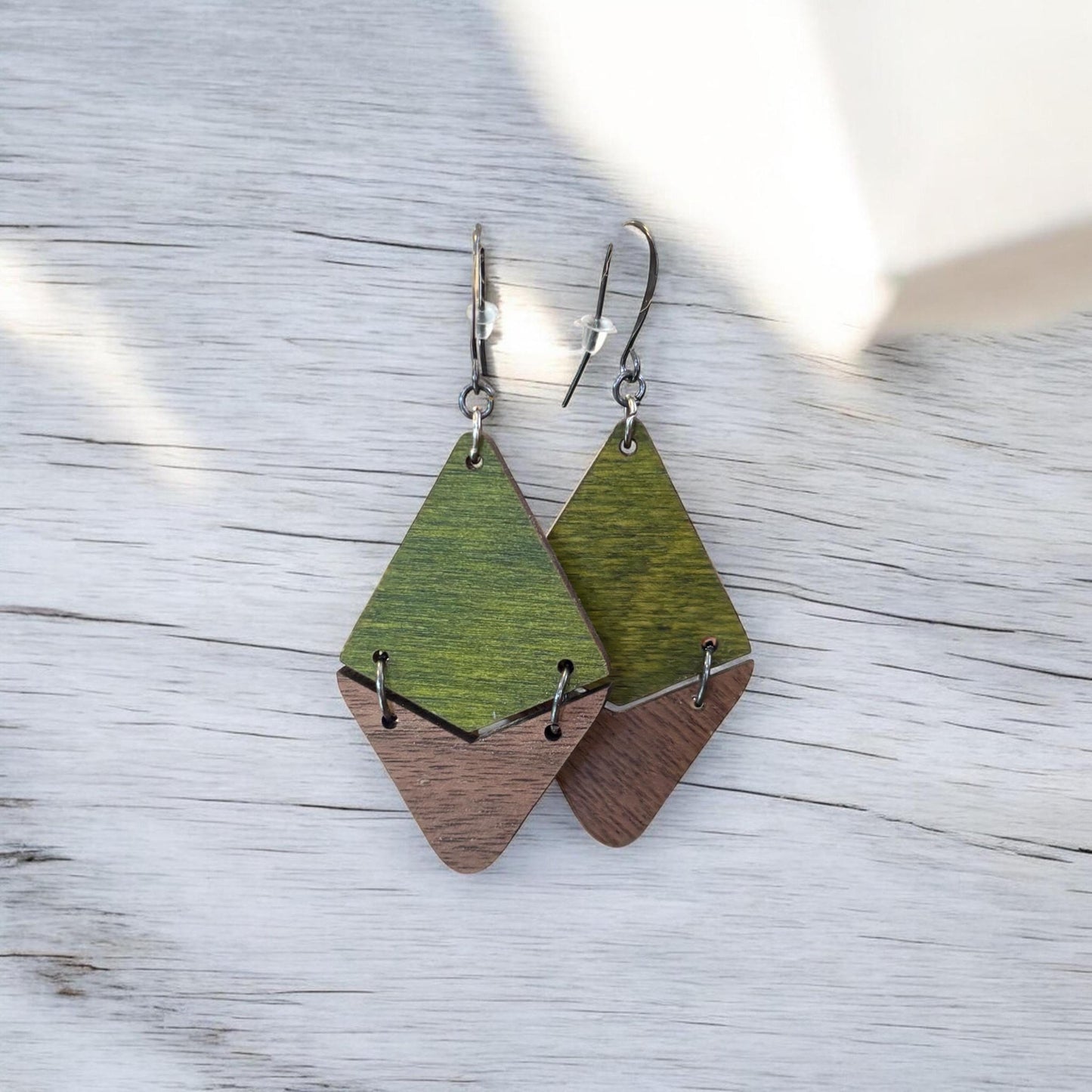 Handmade Triangle Dangle Wooden Earrings, Exotic Wooden Jewelry, Green and Walnut