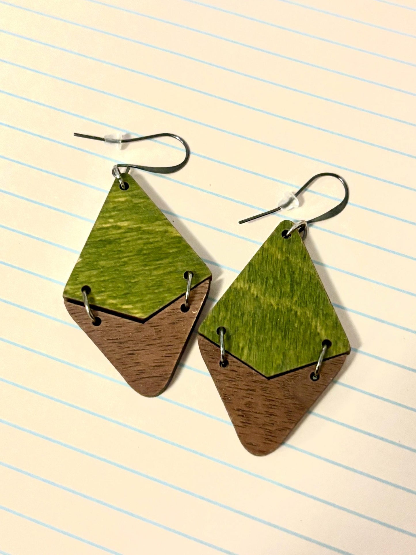 Handmade Triangle Dangle Wooden Earrings, Exotic Wooden Jewelry, Green and Walnut