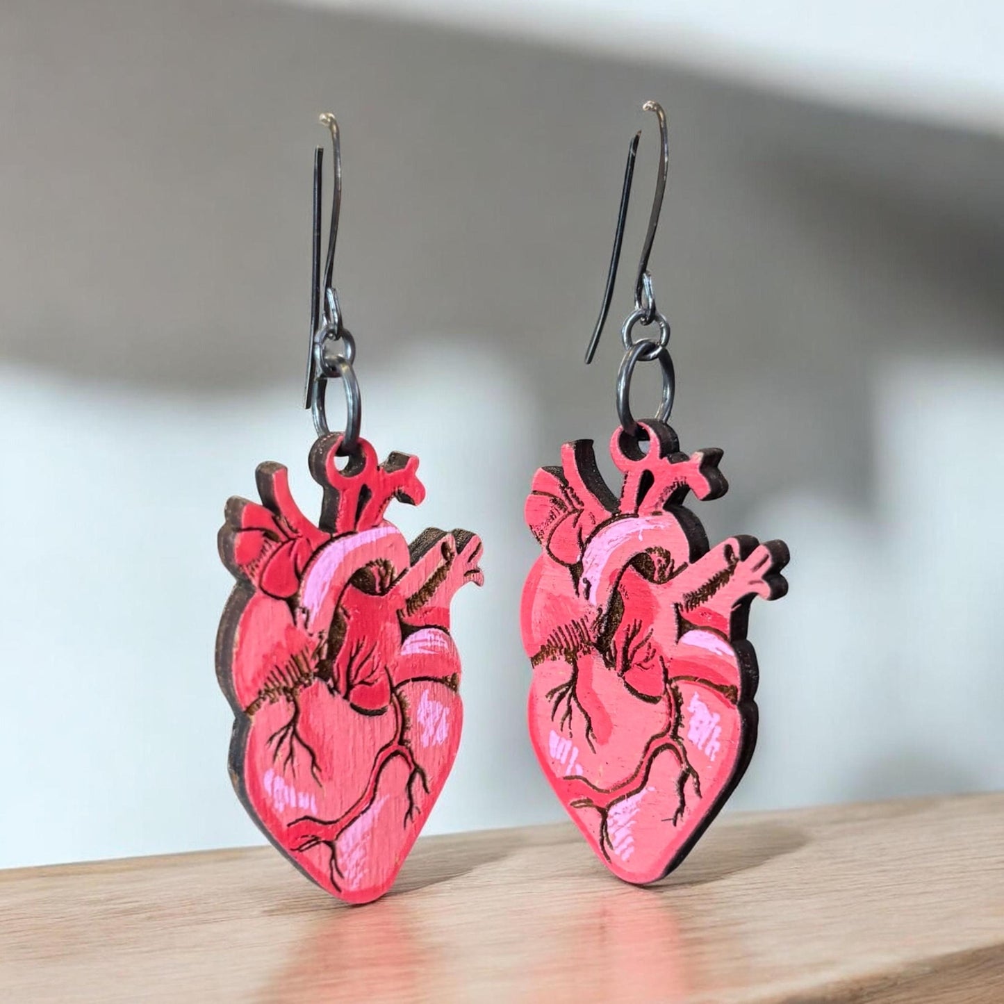 Heart Earrings, Handmade Dangle Wooden Jewelry