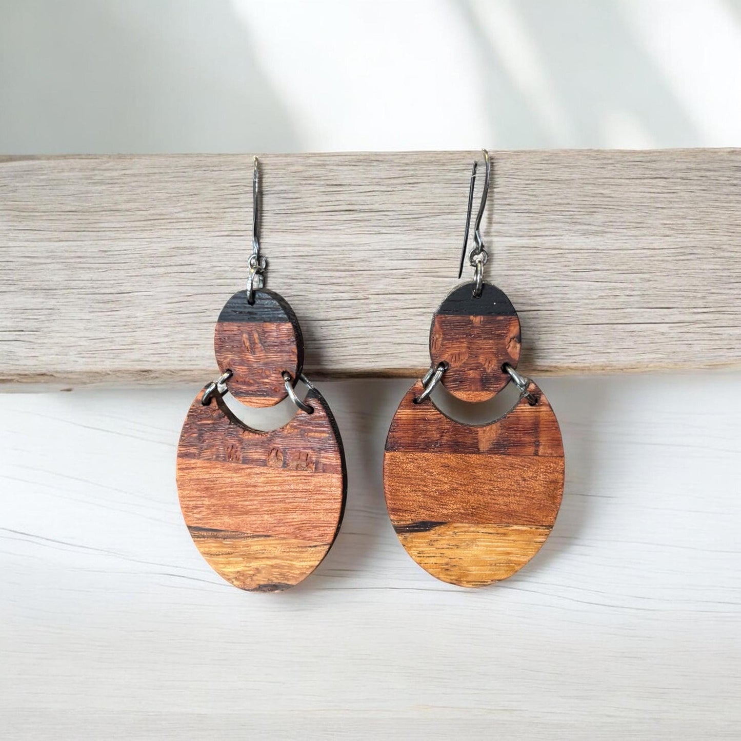 Handmade Dangle Wooden Earrings, Exotic Wooden Jewelry, Butcherblock Style