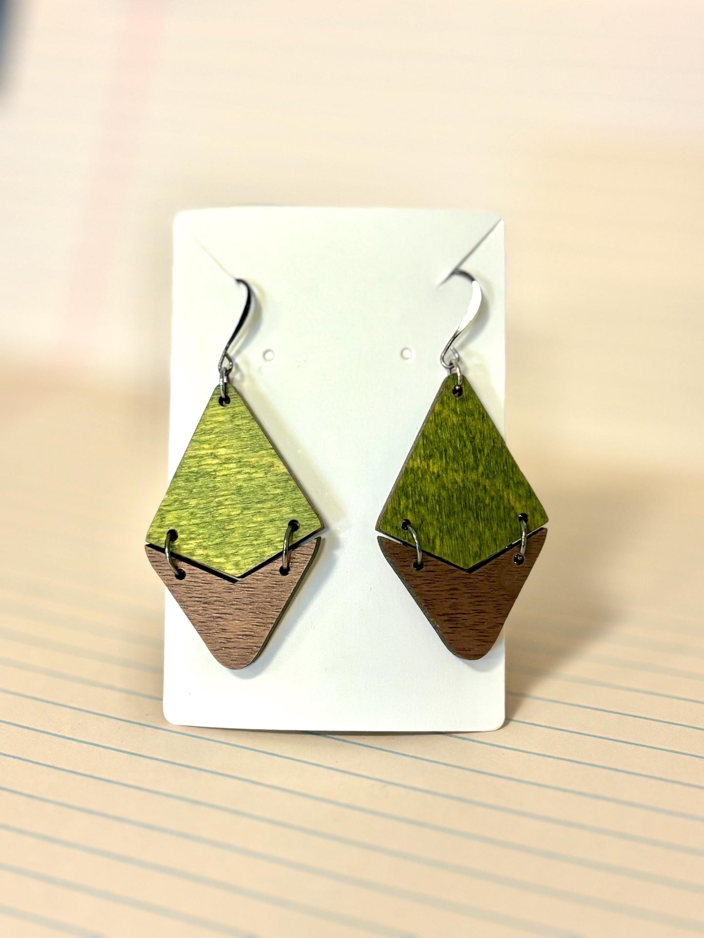 Handmade Triangle Dangle Wooden Earrings, Exotic Wooden Jewelry, Green and Walnut