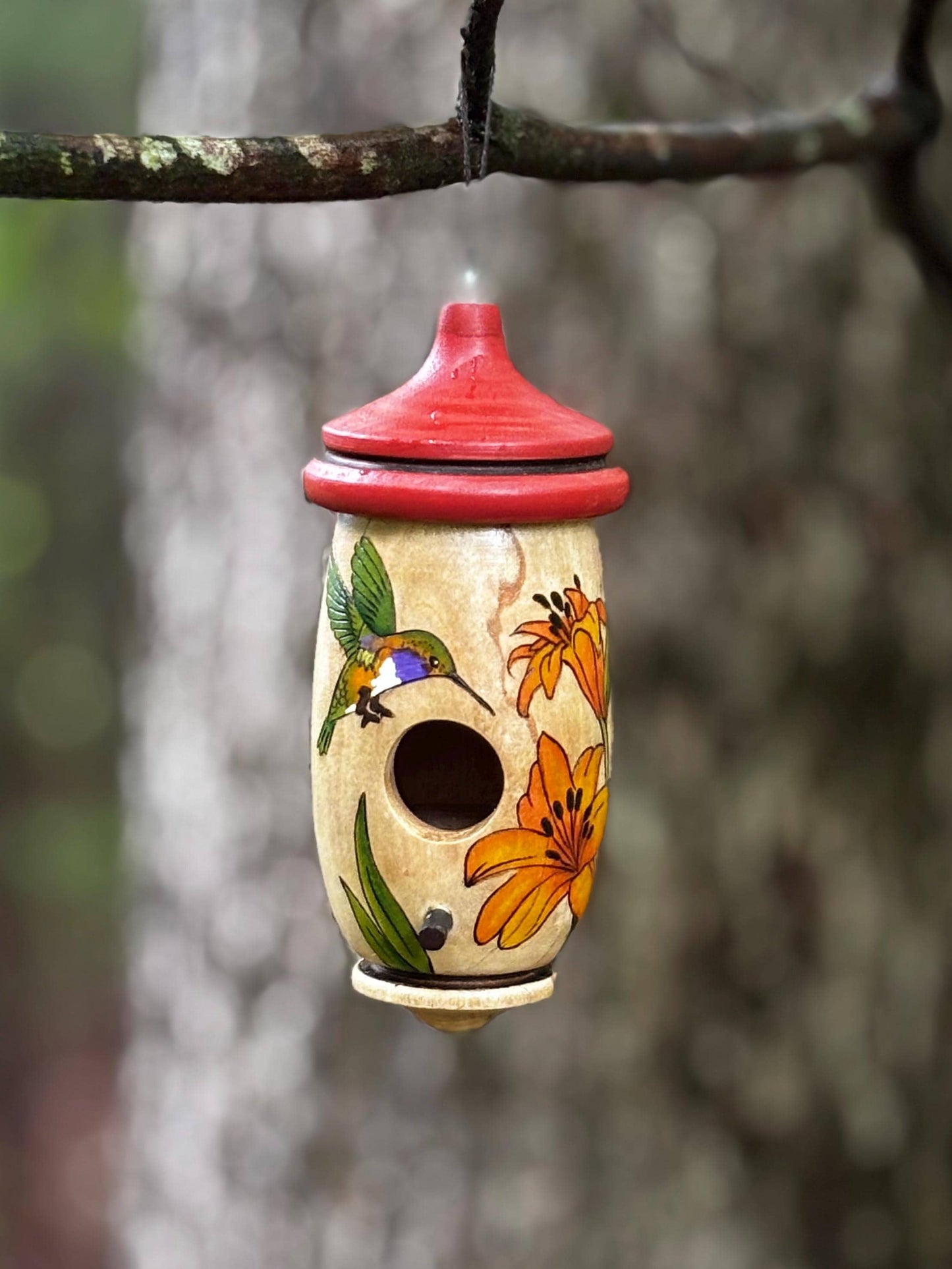 Hummingbird Birdhouse, Day Lily with Bird Design, Handmade Art for Bird and Flower Lovers, Christmas Gift for Someone Who Has Everything