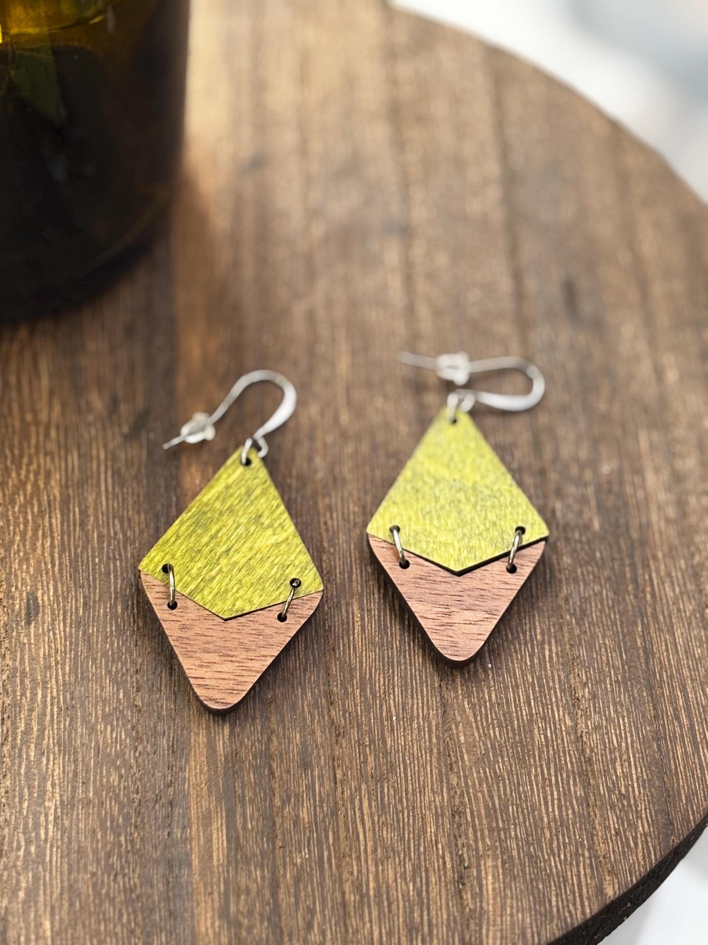 Handmade Triangle Dangle Wooden Earrings, Exotic Wooden Jewelry, Green and Walnut