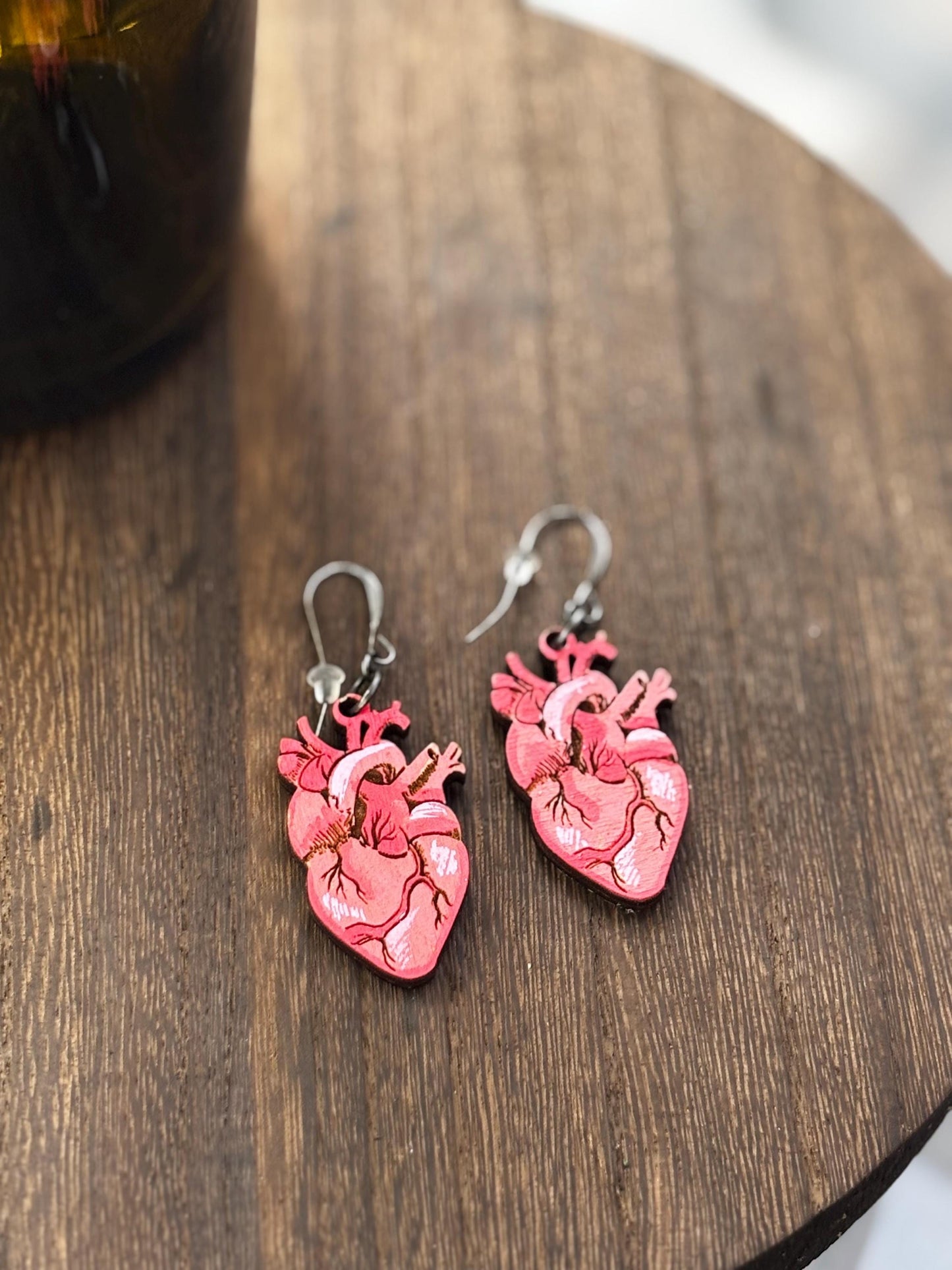 Heart Earrings, Handmade Dangle Wooden Jewelry