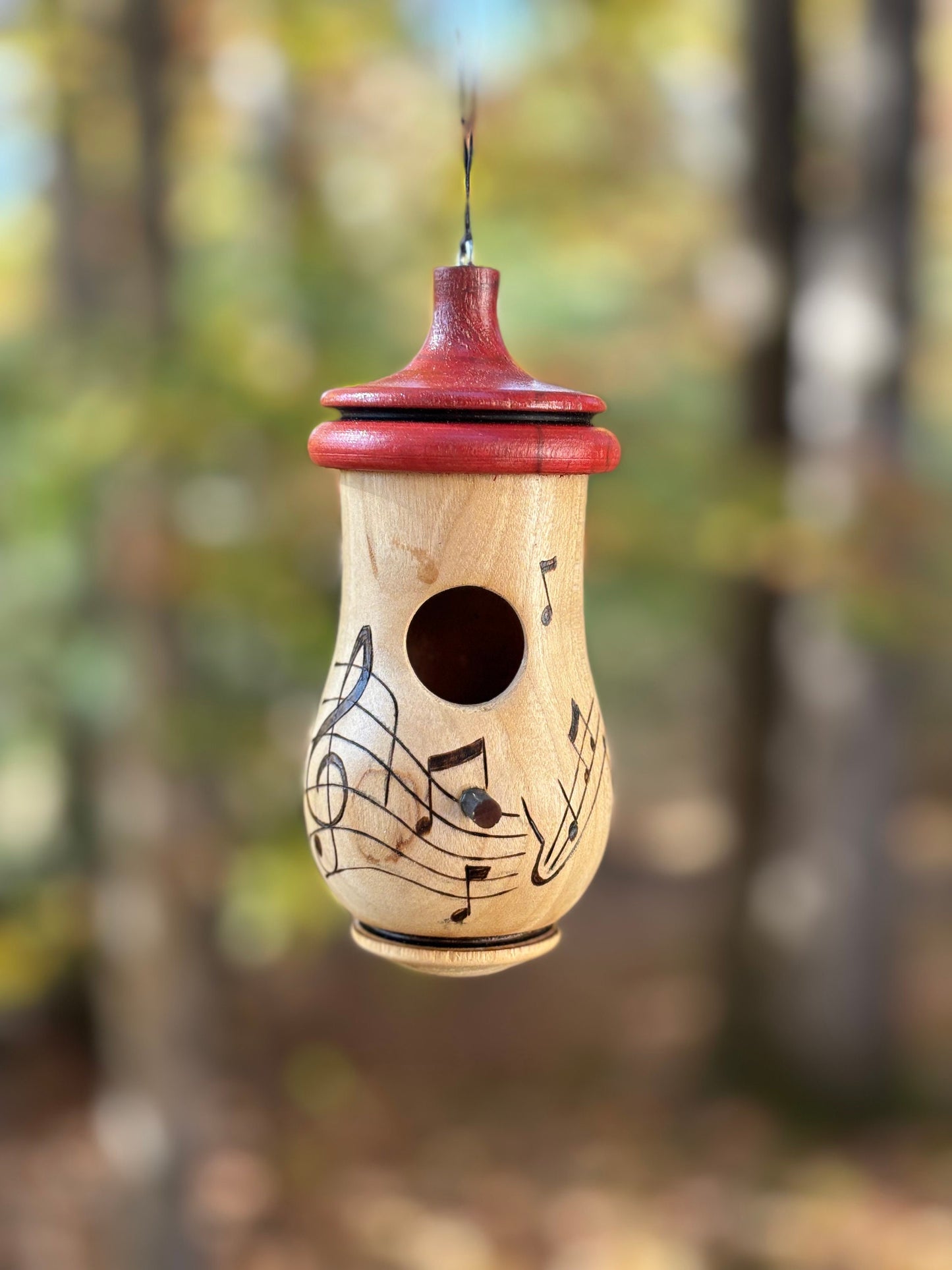 Handmade Cherry Wood Hummingbird House, Music Notes, Garden Decor