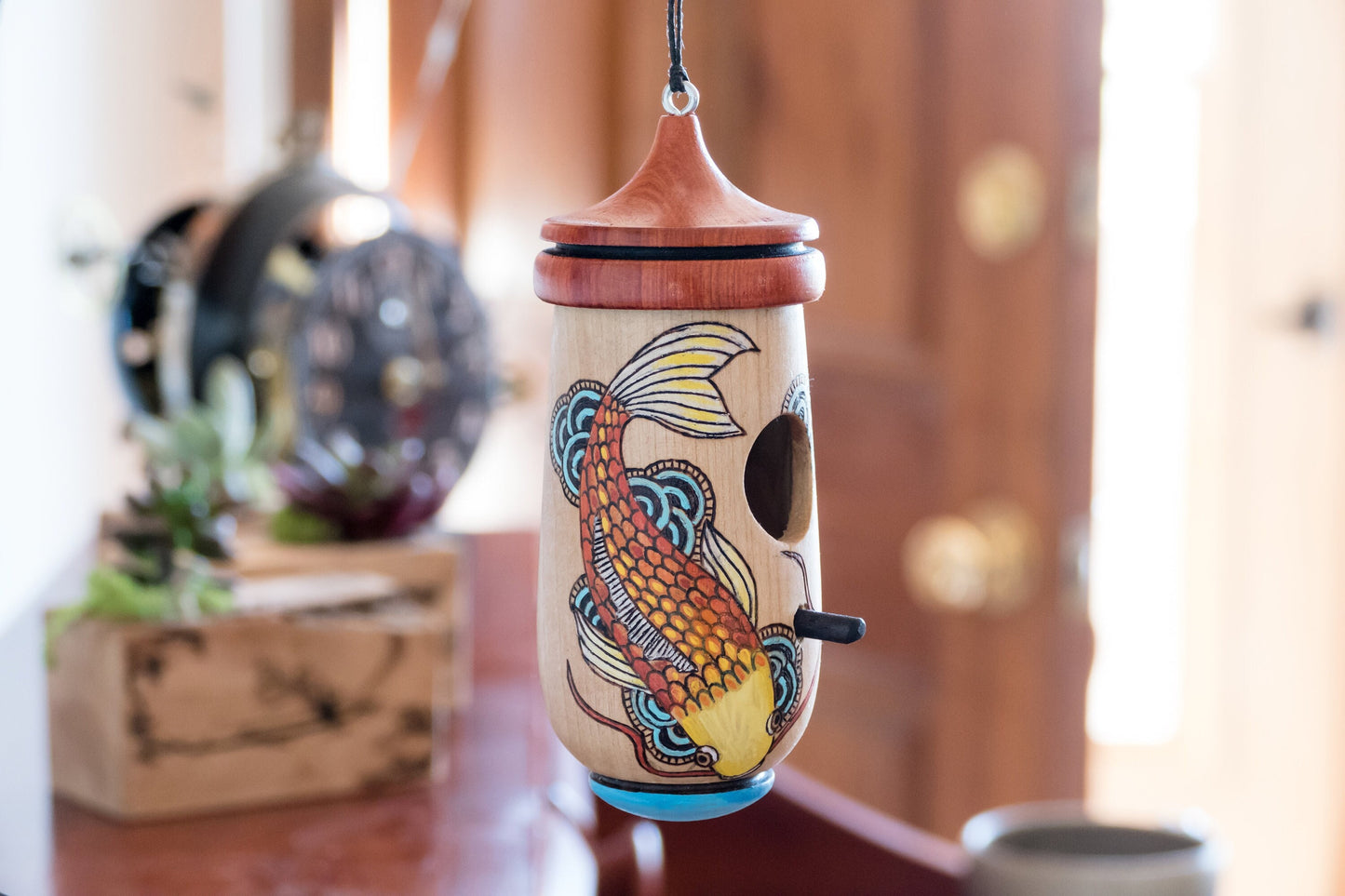 Hummingbird House, Handmade Wooden Birdhouse for Indoor/Outdoor Use, Foi Fish Art, Bird Lovers Gift, Christmas Gift for Zen
